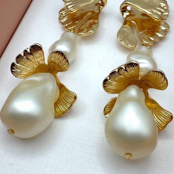 House Of Harlow 1960 Gold Pearl Drop Earrings Nickel Free Jewelry Bridal Bride - Picture 3 of 8